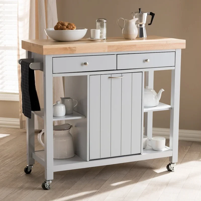 Farmhouse Grey Wood Kitchen Cart with Rubberwood Top