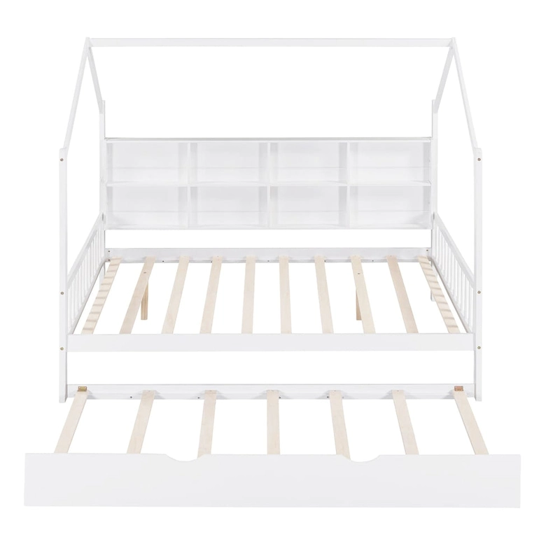 White Wooden Kids House Bed with Trundle and Shelf