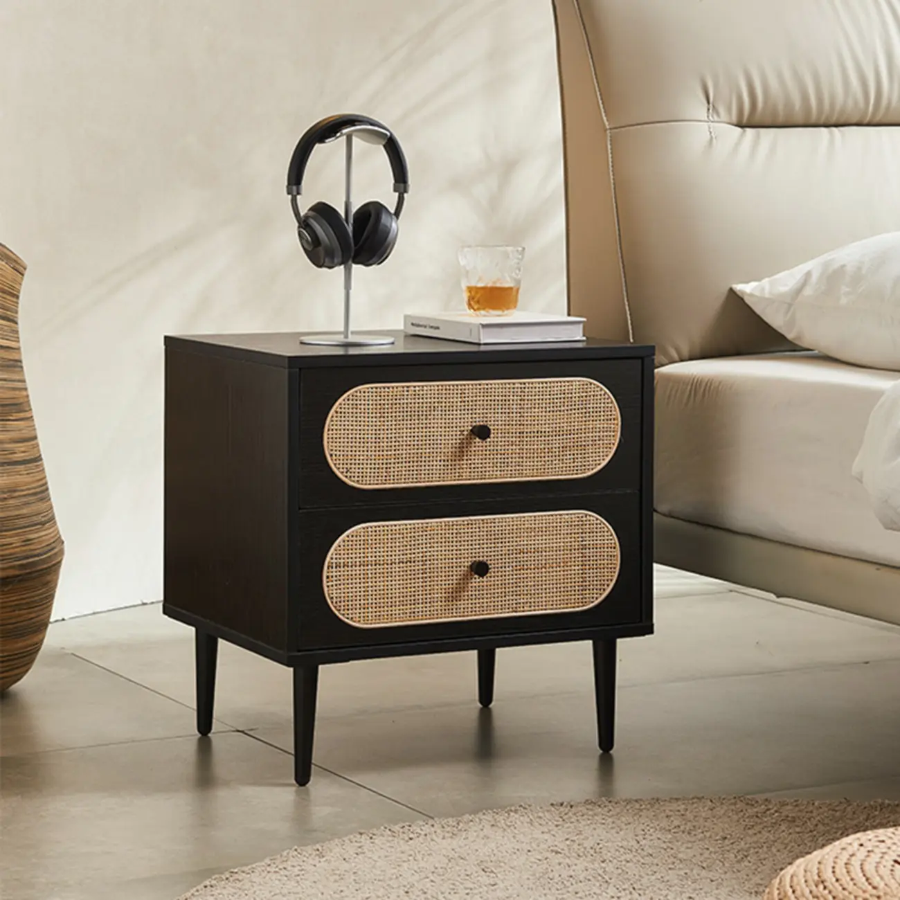 Modern Rattan Espresso Wood 2-Drawer Nightstand