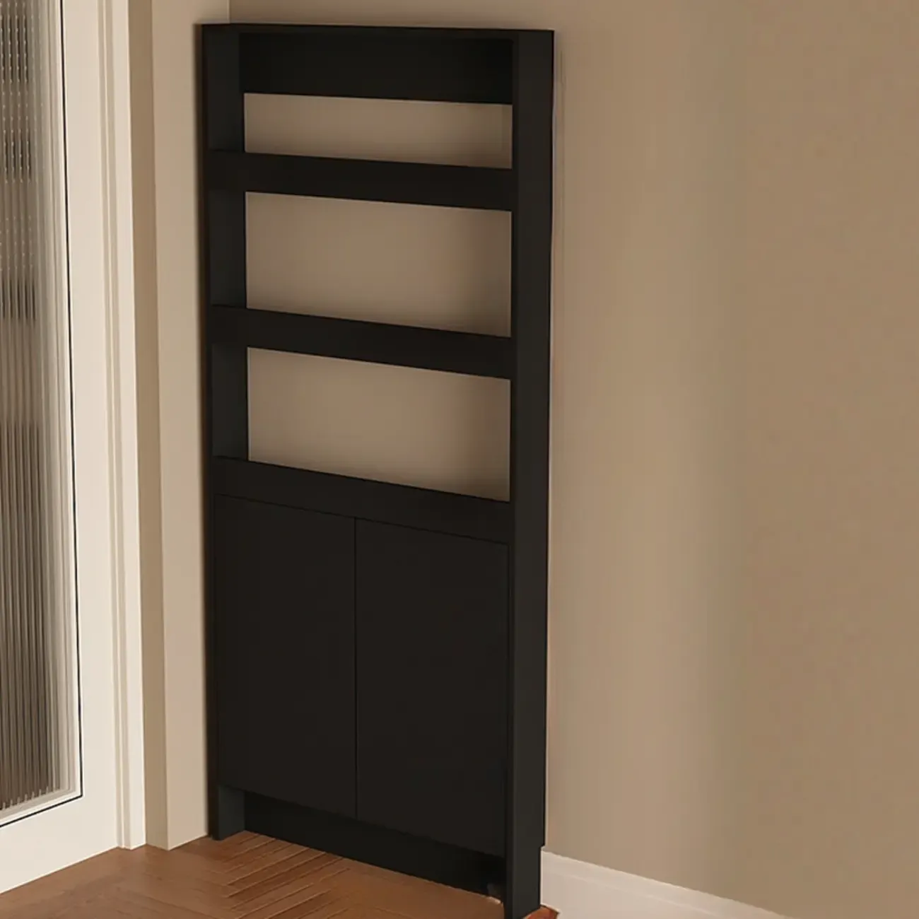 Slim Black 5-Tier Open Back Wood Bookcase with Cabinet