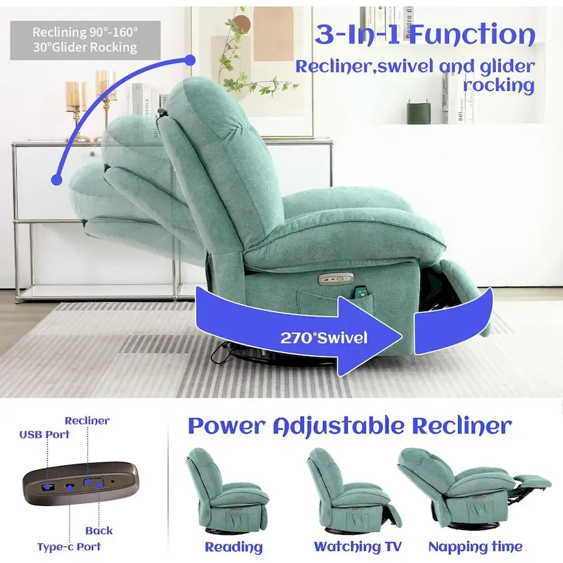 XINMICS Swivel Power Recliner Chair, Massage Rocker Recliners with Heated ,USB, USB-C and Side Pocket
