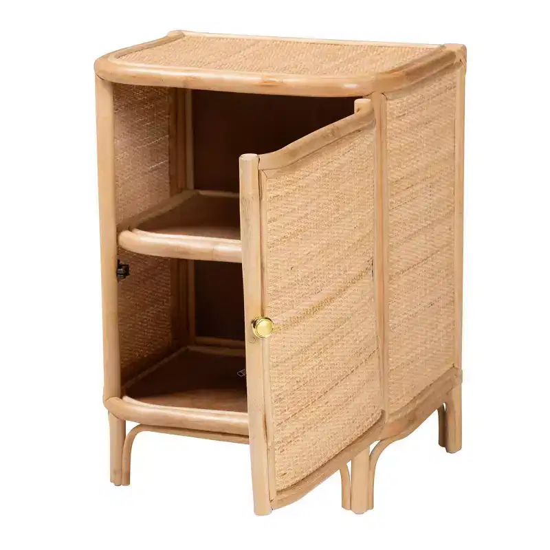 Natural Rattan Nightstand, Brown, Single Door with 2 Shelves