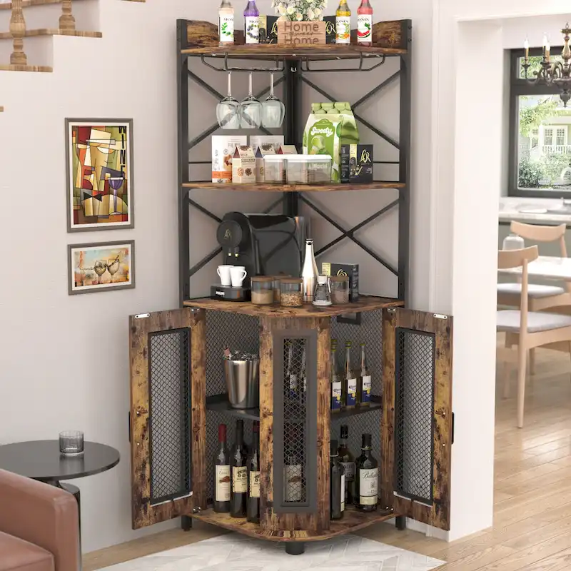 Corner Bar Cabinet with Charging Station and Ambiance Light, Liquor Display Storage Shelves with Glass Holder - Brown