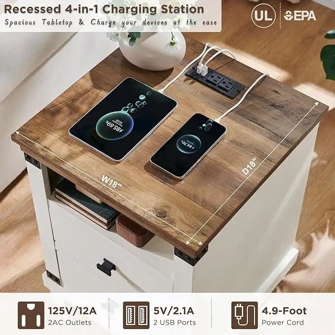 18 Farmhouse Nightstand with Charging Station, Night Stand, End Table
