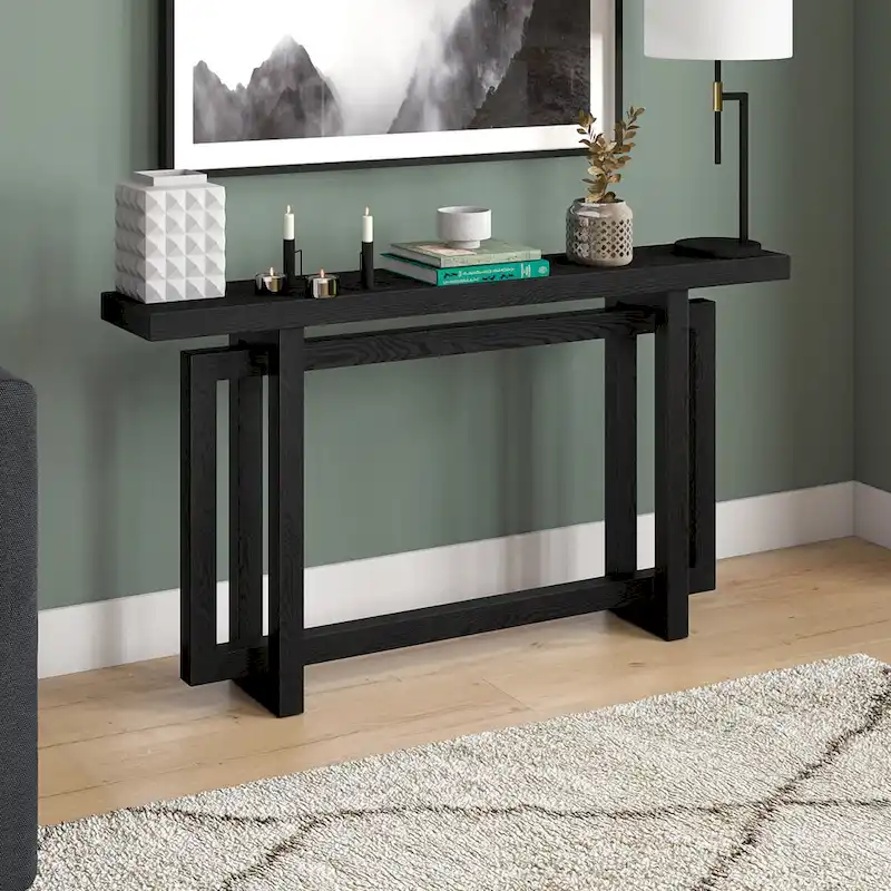 55" Rectangular Console Table, White/Black/Gray Oak, Geometric Base, MDF