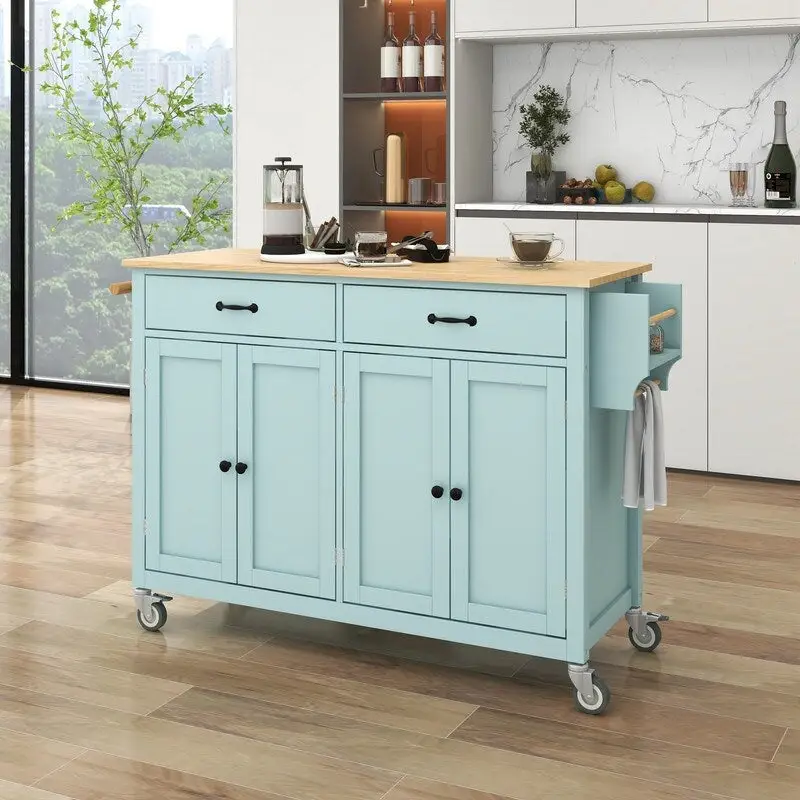 Solid Wood Top Kitchen Island Cart with Locking Wheels,2 Drawers,Towel Rack