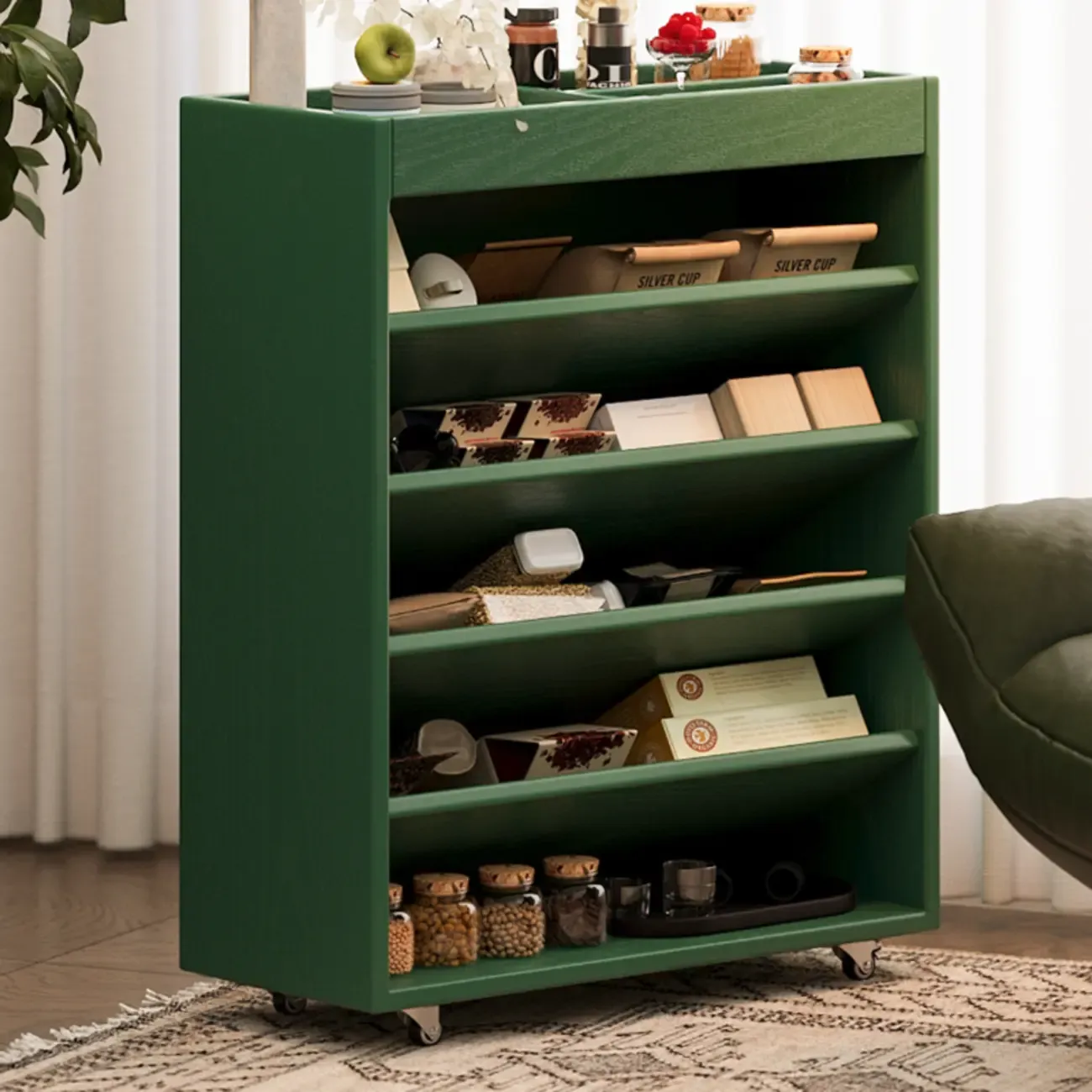 5-tier Rubberwood Vertical Storage Bookcase with Wheels