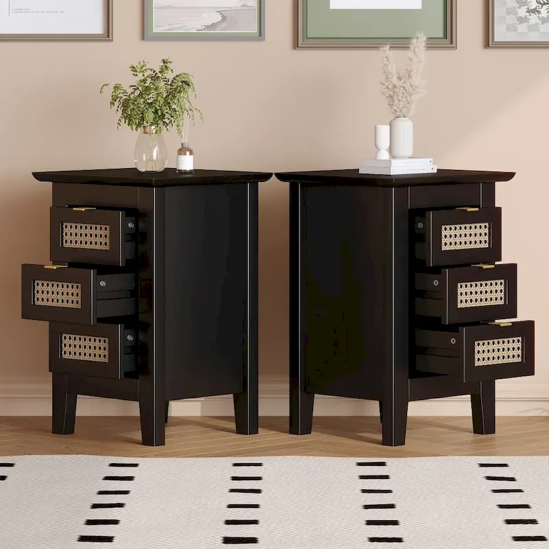 Wooden Nightstands Set of 2 with Rattan-Woven Surfaces and Three Drawers