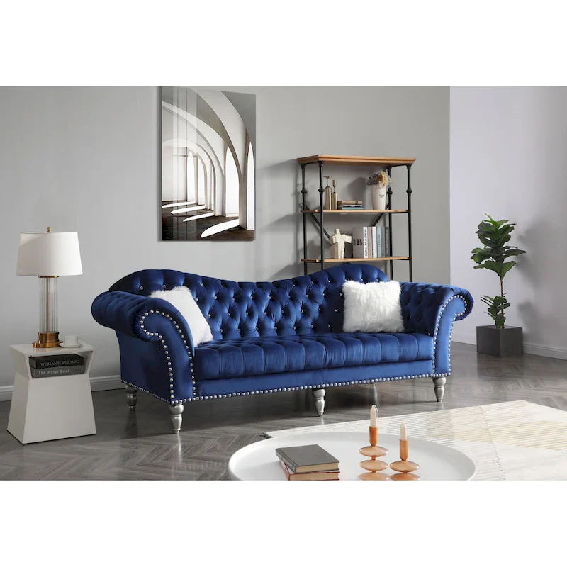 Velvet Tufted Sofa with Sweetheart Back & Chrome Nailheads – Blue / Dark Grey / Pink / Black, Seats 3