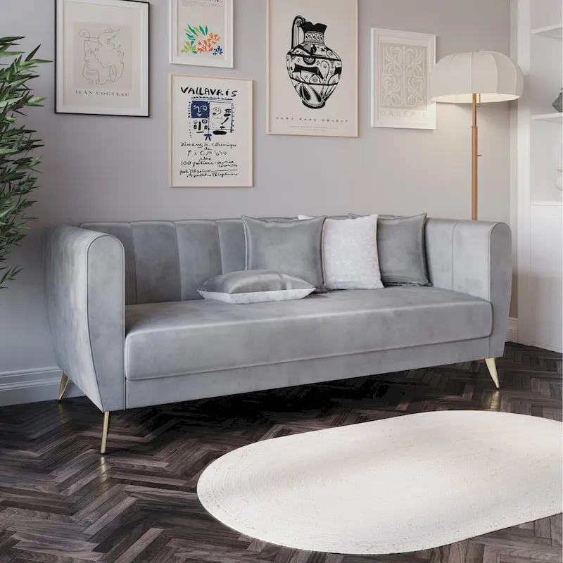 Scarlett Velvet Flared Arm 3-Seater Sofa with 4 Throw Pillow