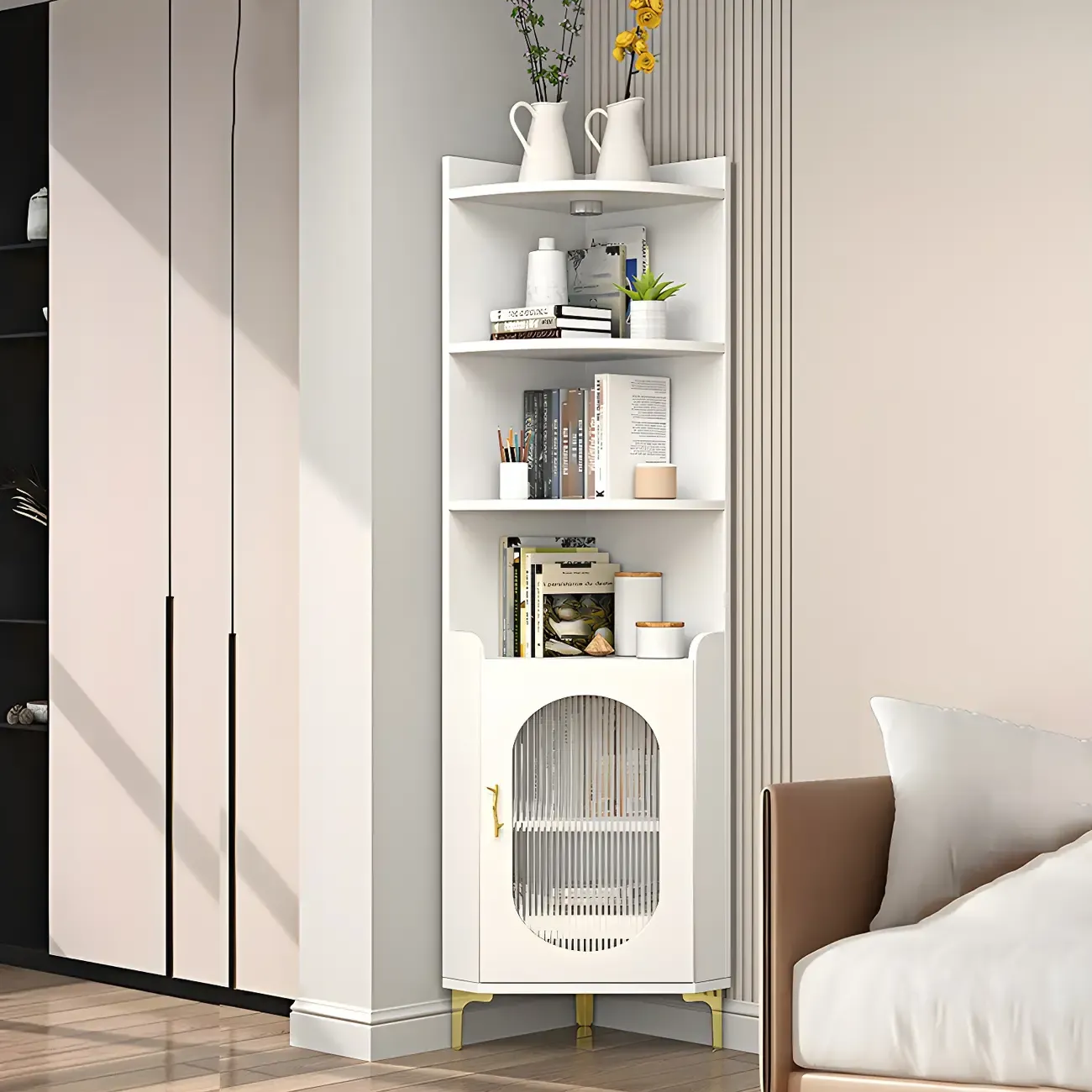 Modern White Rounded Wood Metal Leg Storage Corner Cabinet