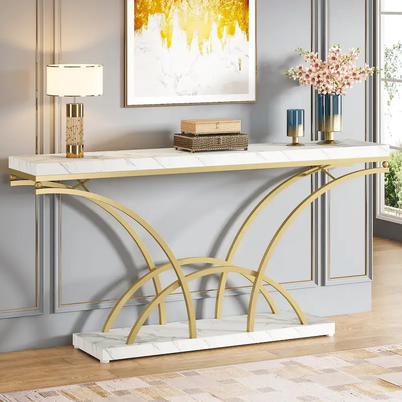 70.9 Inch Long Console Table for Entryway,Gold Sofa Table with White Faux Marble Tabletop