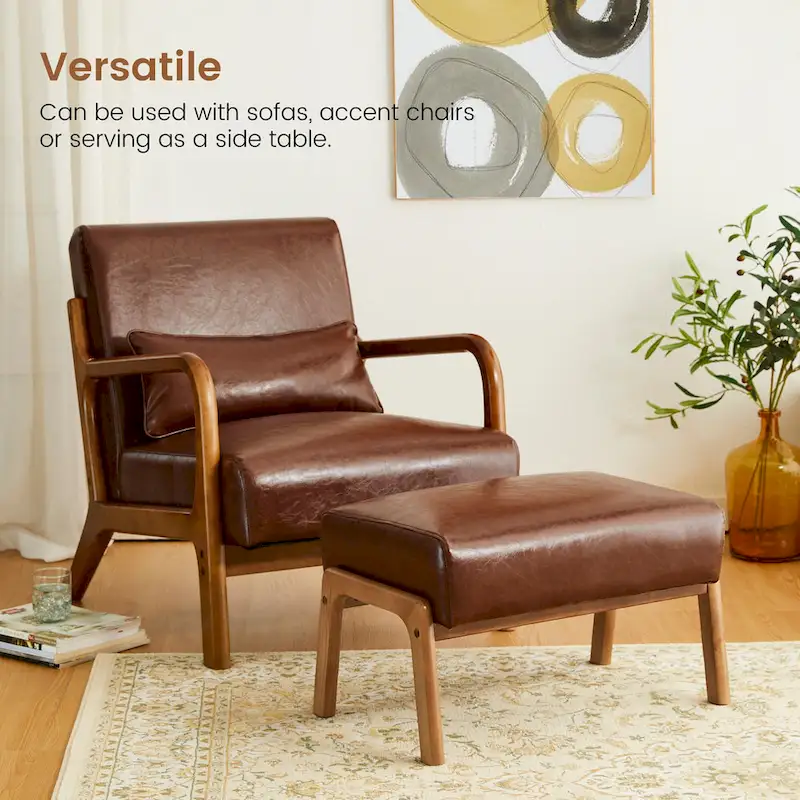 Glitzhome 24.5W Leatherette Accent Stool With Walnut Rubberwood Legs