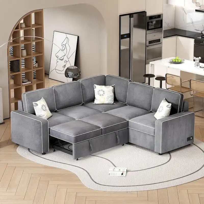 L-Shaped Reversible Chaise Sectional Sofa Pull Out Sofa Bed