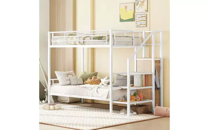 Twin-Over-Twin Metal Bunk Bed featuring Side Storage Steps and Integrated Wardrobe