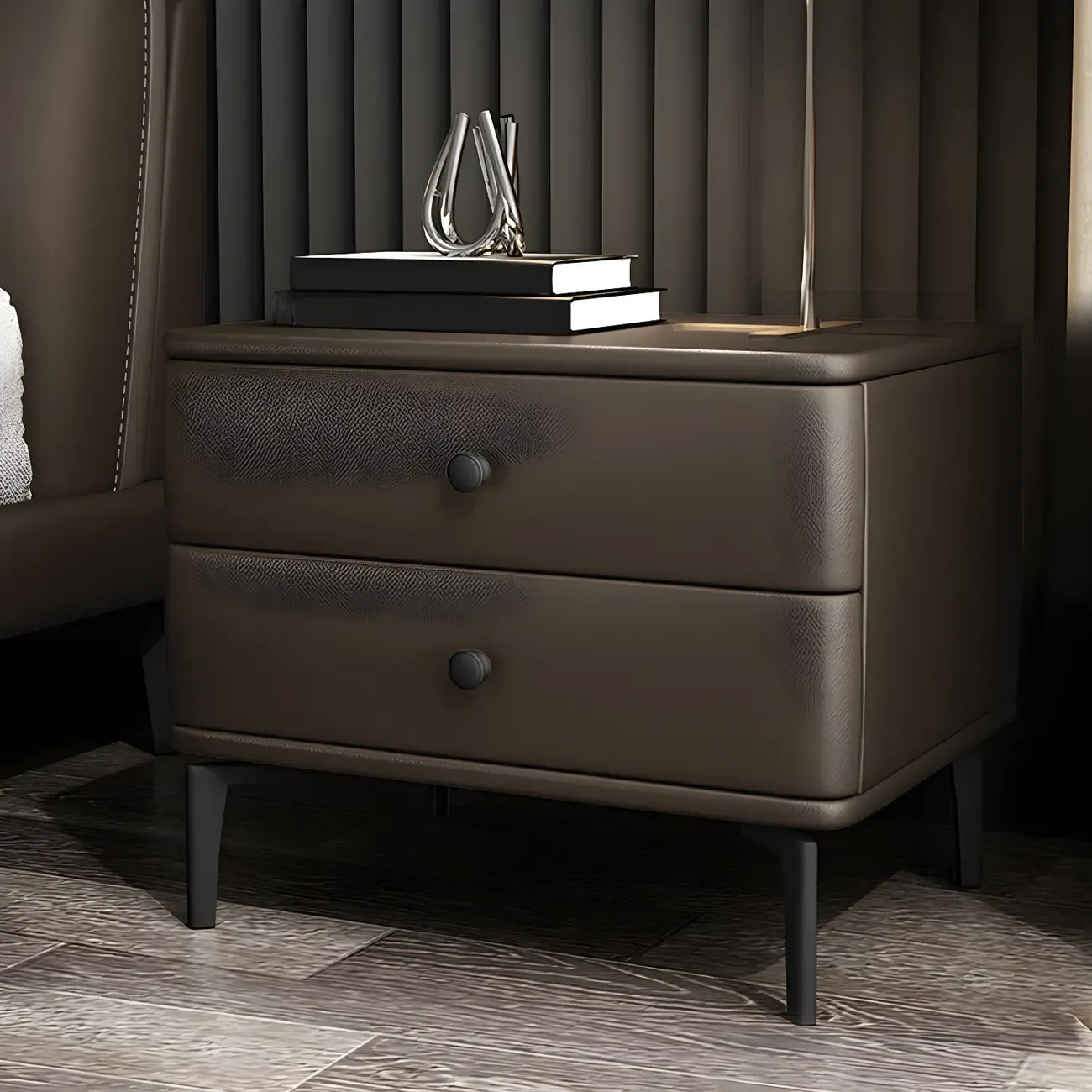 Modern Black Leather Bedside Table with Drawers