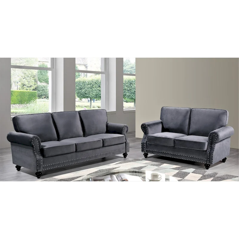 Suffield Velvet Nailhead 2-Piece Set-Loveseat & Sofa