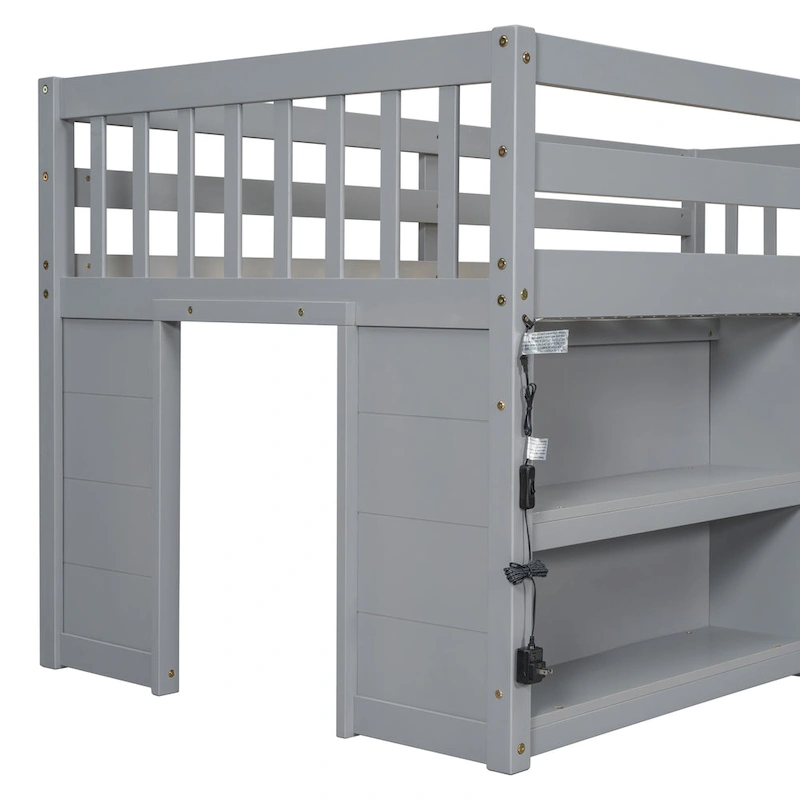 Grey Twin Wood Low Loft Bed with Shelves & LED Light
