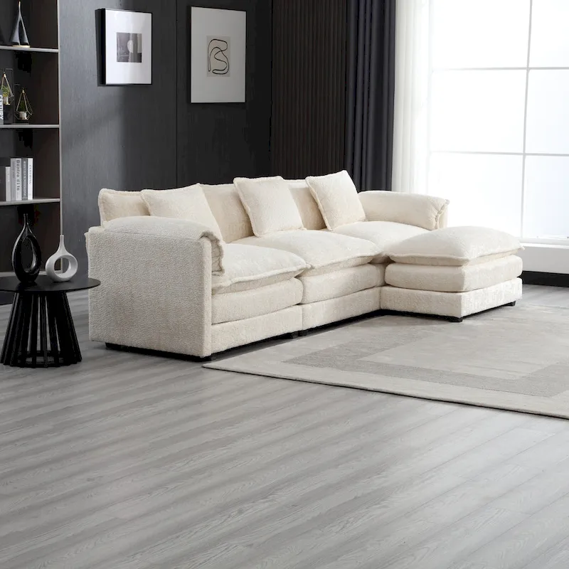 Beige 112.2 L-Shape 4-Seater Sectional Sofa in Modern Boucle Fabric with Removable Cushions and Detachable Armrests