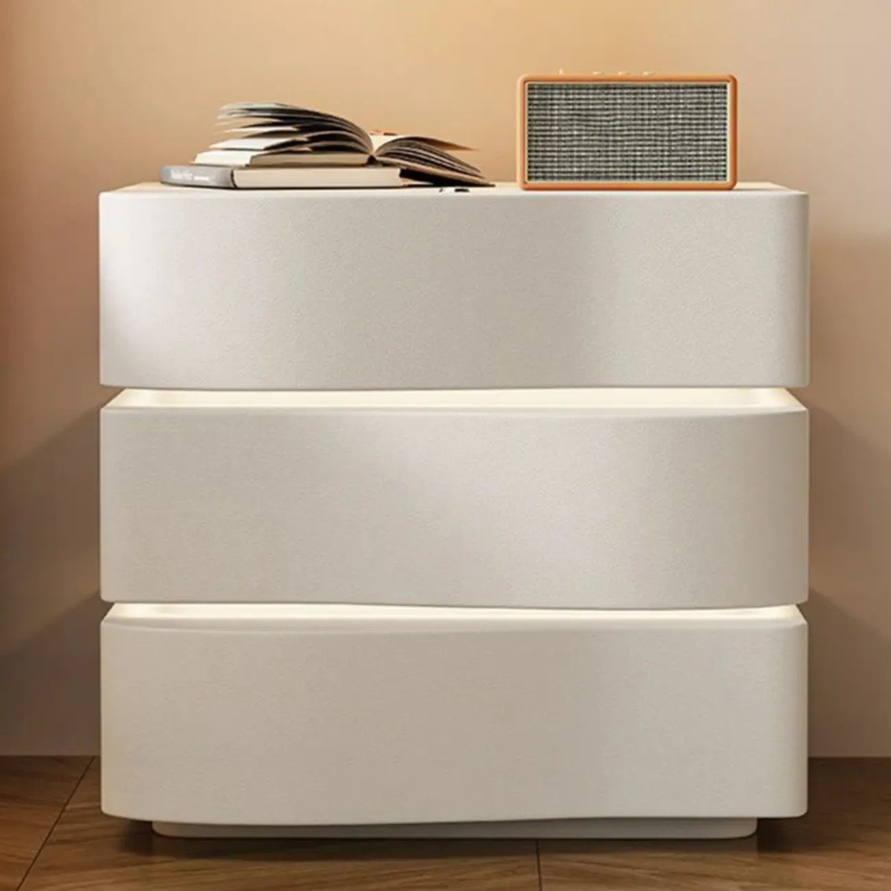 Modern White Waved Wood 3-Drawer Nightstand