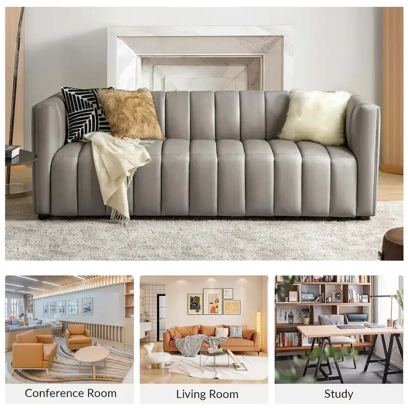 Olinto Modern Camel 83-Inch Genuine Leather Curved Couch with Channel Back by HULALA HOME