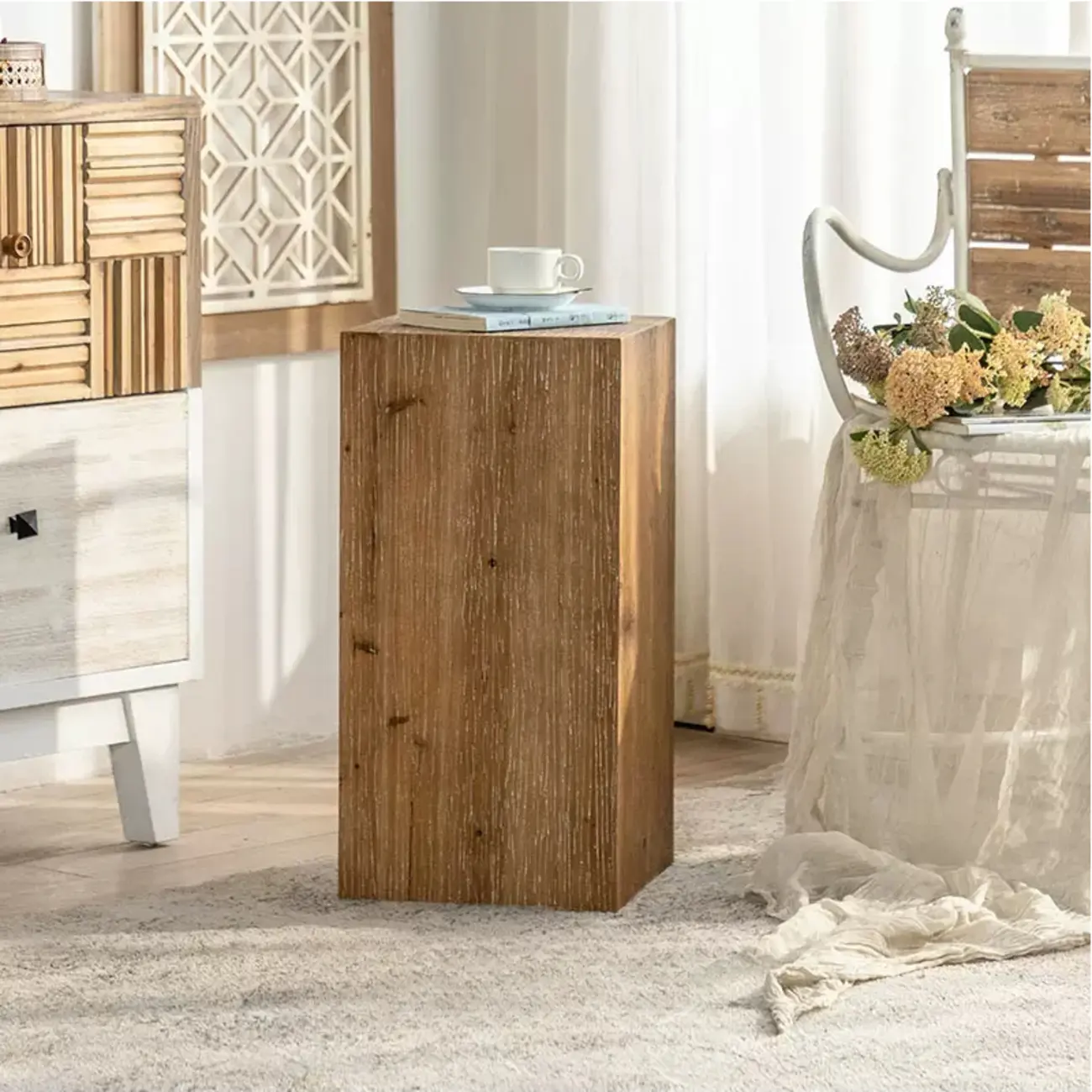 Natural Finish Square Rustic Wood End Table