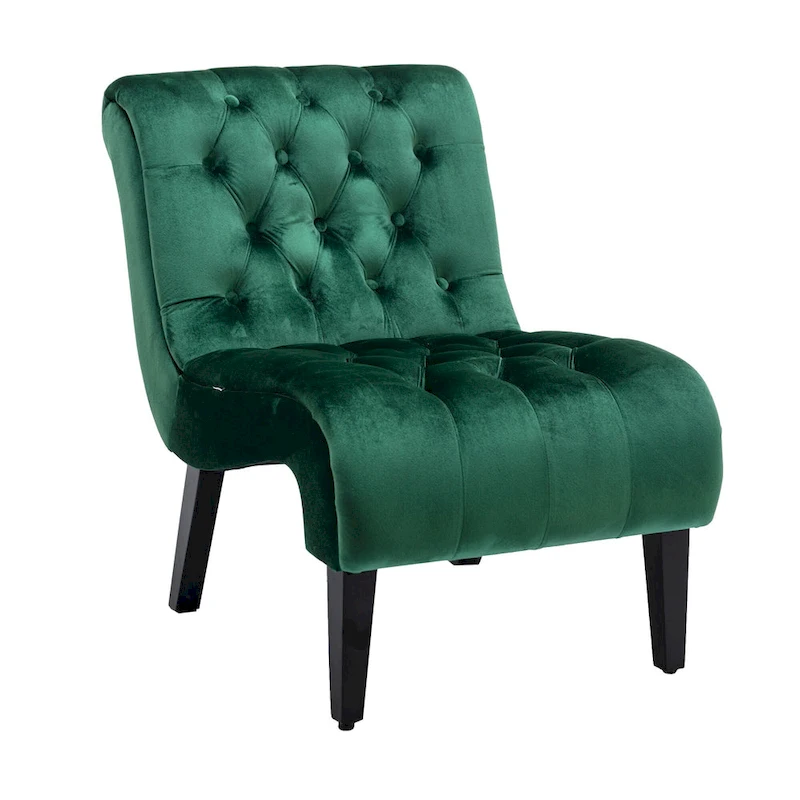 Velvet Armless Accent Chair with Wooden Legs and Thick Cushioned Seat