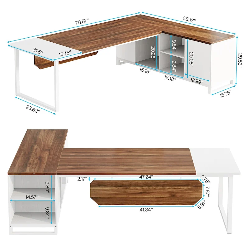 L-Shaped Computer Desk with File Cabinet | White/Black/Grey/Beige | 2-Person