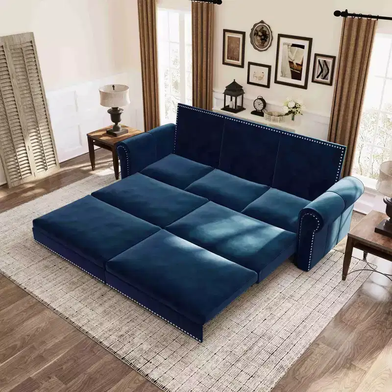 MAYEERTY 93.7 King Pull Out Sofa Bed, 3-in-1 Velvet Convertible Sleeper Sofa with Nailhead Trim& Rolled Arm Blue