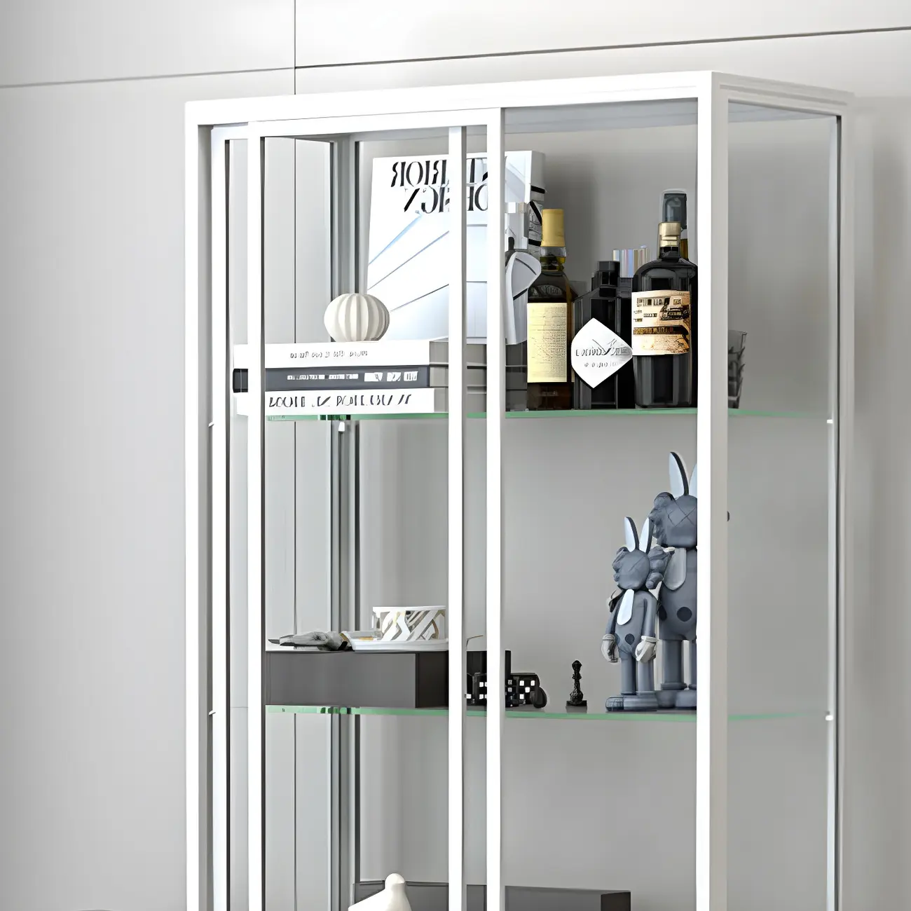 Black Metal Frame Glass Shelves Curio Cabinet