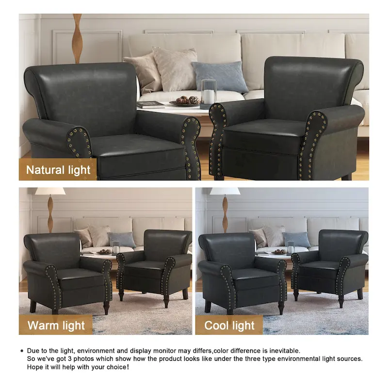 PU Leather Accent Chair, Brown/Black/Grey, Rolled Arms, Nailhead Trim, Set of 2, Seats 2