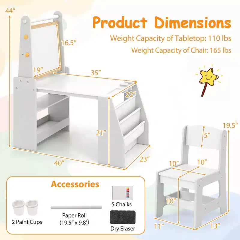 Costway Kids Art Table and Chair Set with Easel & Chair Whiteboard & Chalkboard Paper Roll