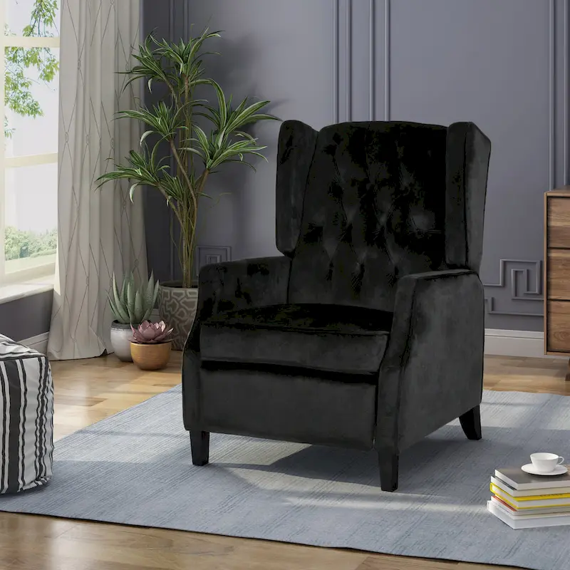 Black Velvet Mid-Century Wingback Push-Back Recliner with Footrest, Button-tufted Back