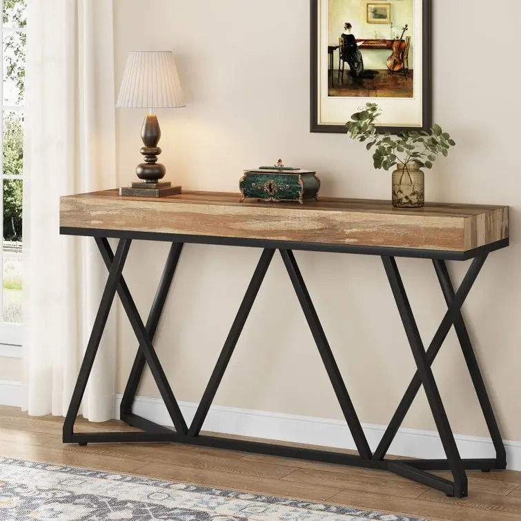 55 Inch Wood Console Table, Sofa Table Entryway Table with Unique Metal Legs