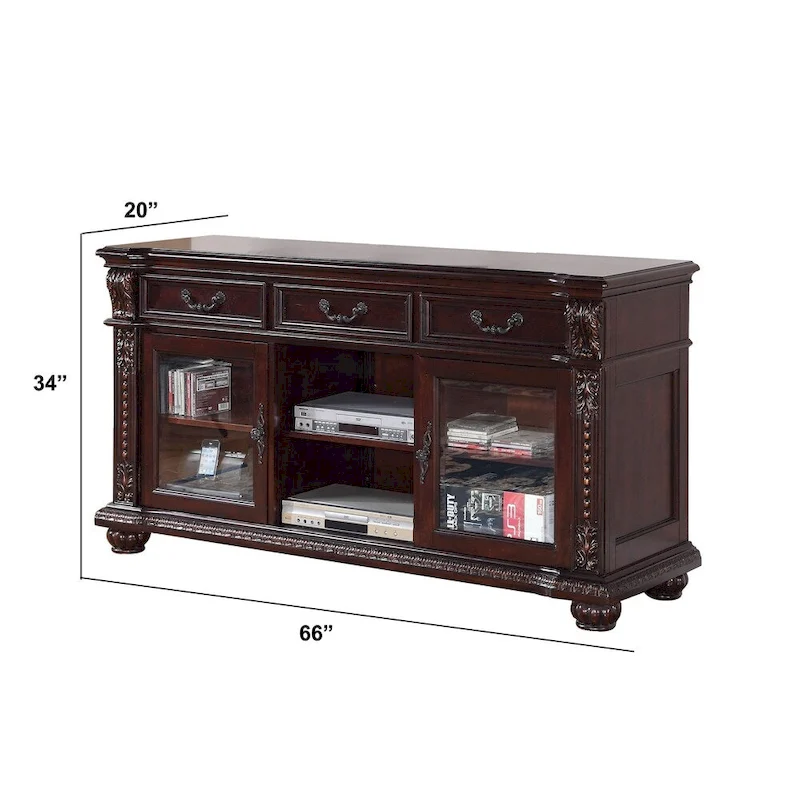 Spacious Poplar Wood TV stand with Traditional Carvings, Brown