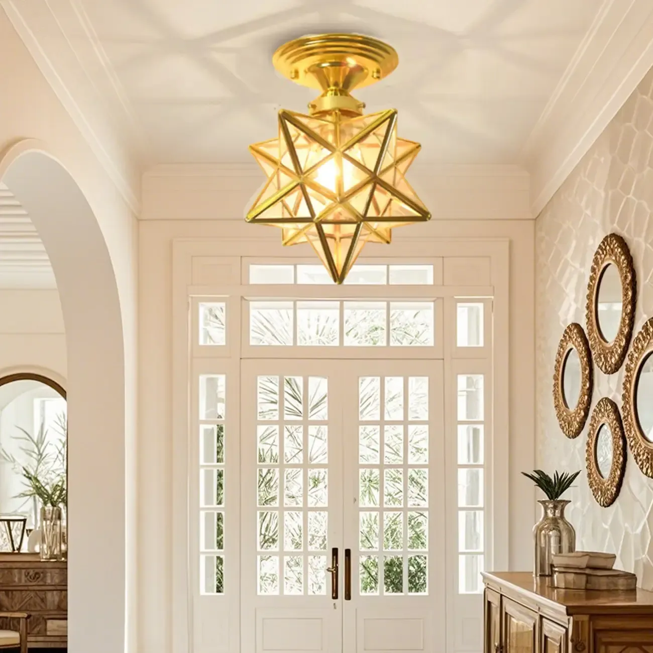 Colonial Style Gold Star Glass Shade Semi Flush Ceiling Light