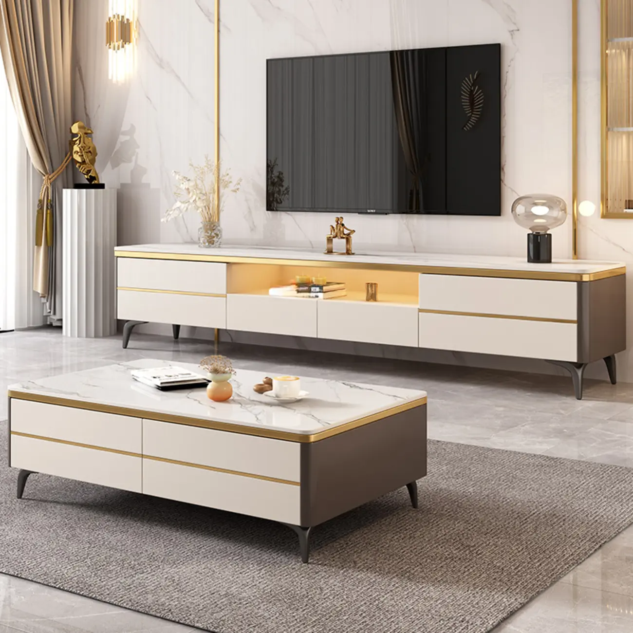 Versatile White Stone TV Stand with Multi Drawers & Lighting