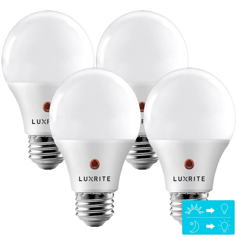 Luxrite A19 LED Dusk to Dawn Light Bulbs Lighting Enclosed Fixture Rated 800lm Damp Rated E26 4 Pack
