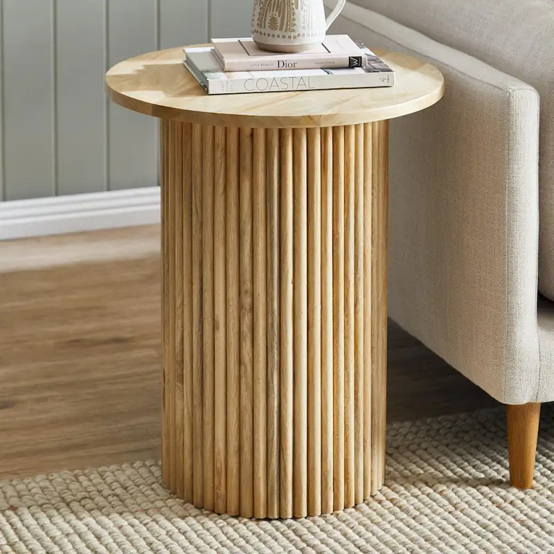 Round Wood End Table Fluted Pedestal Side Table