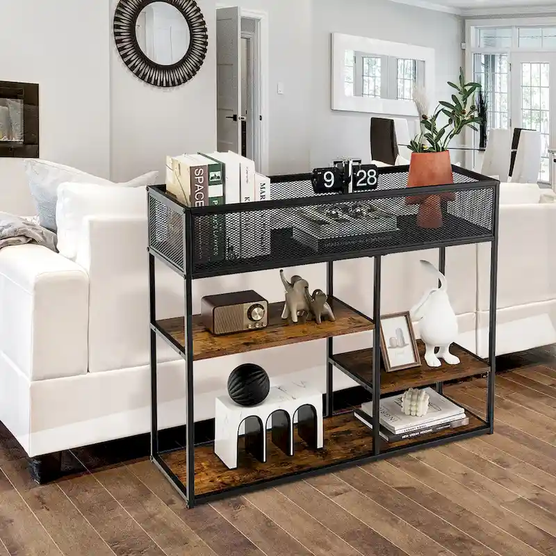 4-Tier Console Table w/ Wire Basket Narrow Sofa Table w/ shelf