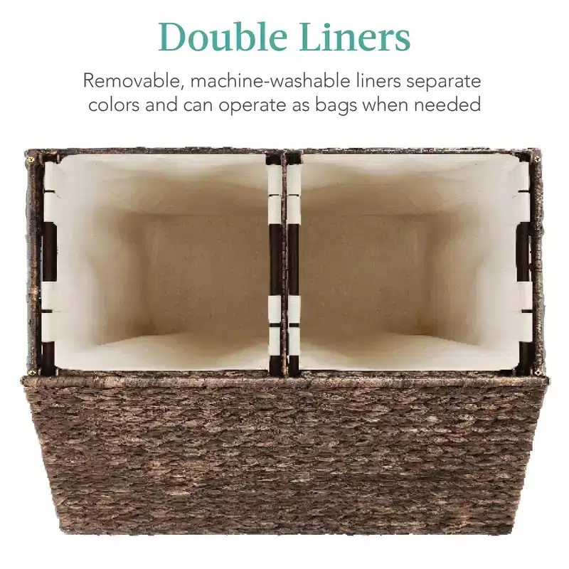 Best Choice Products Large Natural Water Hyacinth Double Laundry Hamper Basket w/ 2 Liner Bags, Handles
