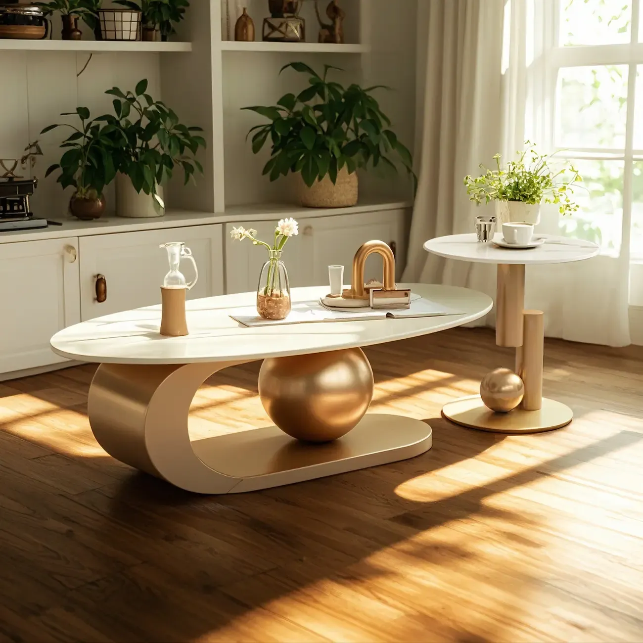 Modern Metal White Stone Oval Coffee Table for Home