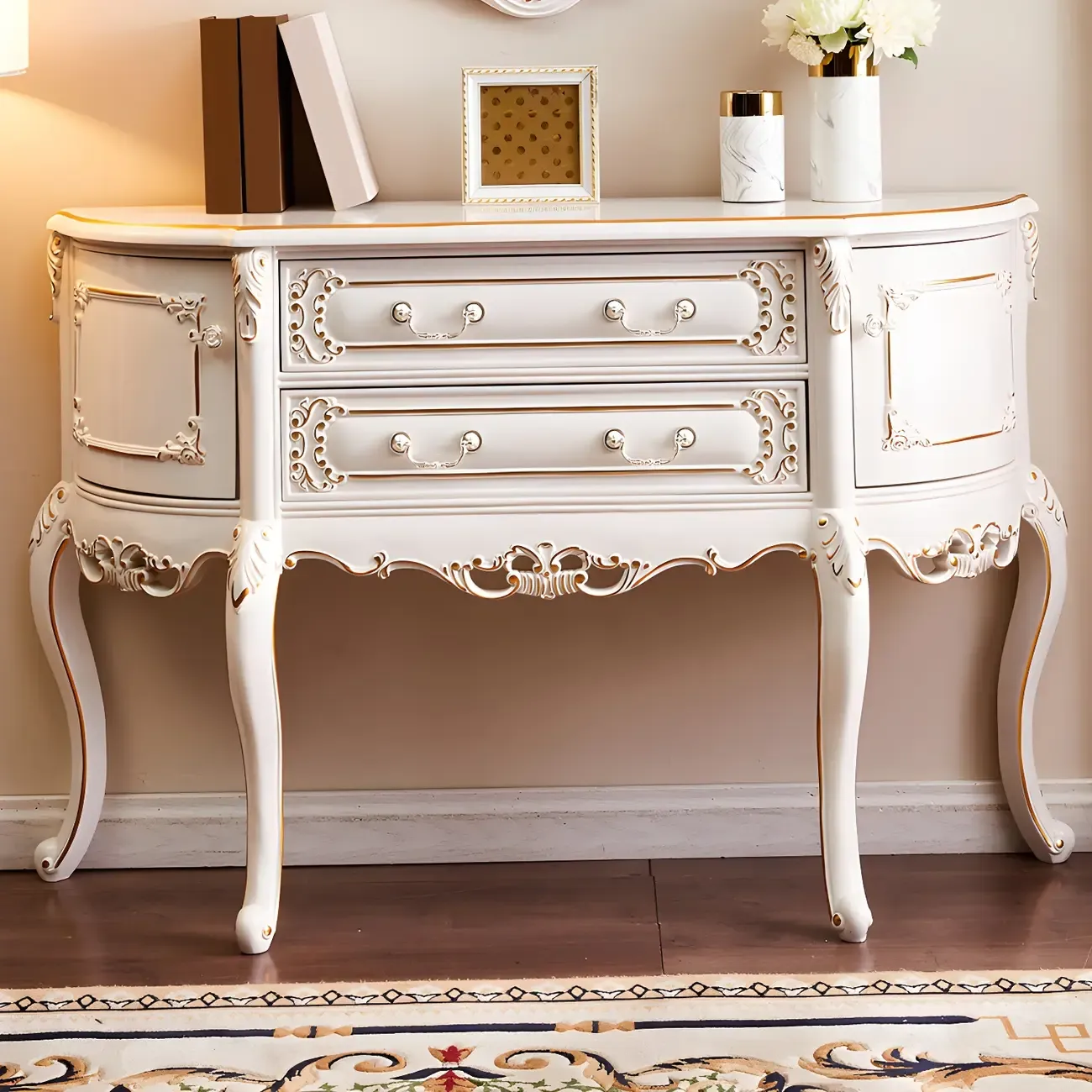 French White Wood Console Table with Drawers in Scratchproof