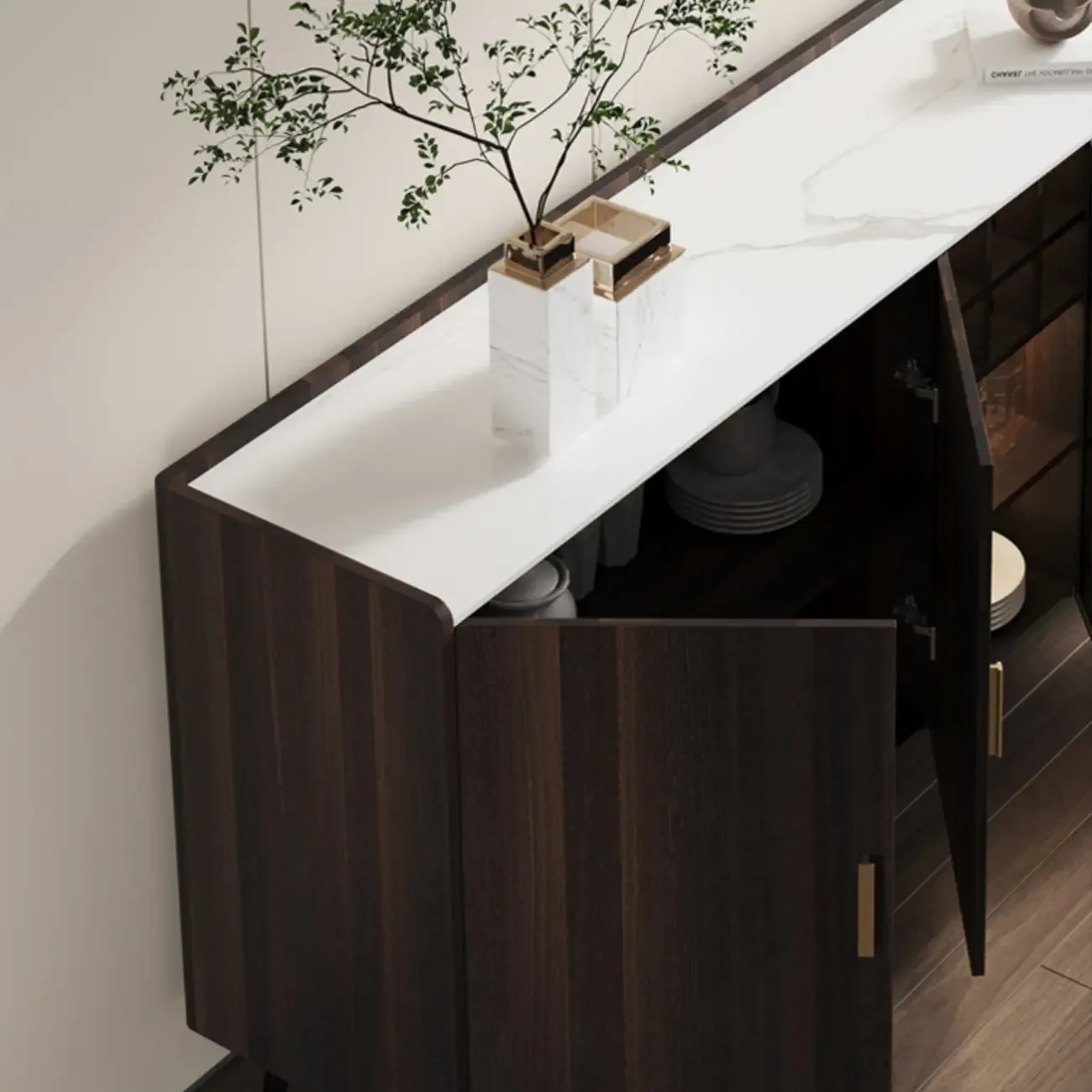 Glam Walnut Wooden Sideboard with Drawers & Cabinets