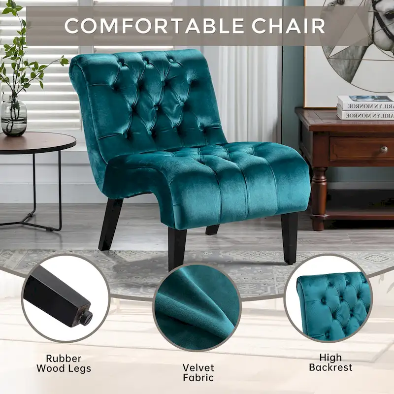 Velvet Armless Accent Chair with Wooden Legs and Thick Cushioned Seat