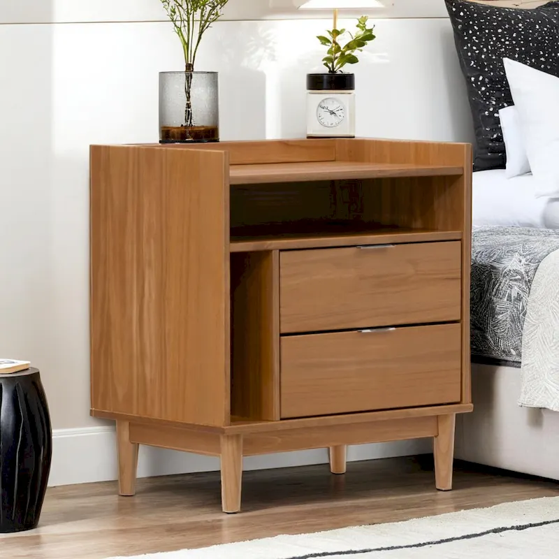 Mid-Century Modern Solid Wood 2-Drawer Gallery Nightstand