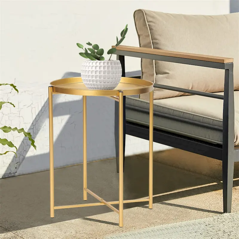 Adeco Gold End Table Metal Waterproof Snack Beside Table Accent Coffee Table - 16.9(D)x 16.9(W)x 20.5(H)