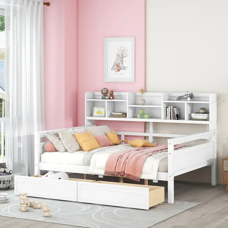 Daybed, Wood Slat Support, with Bedside Shelf and 2 Drawers