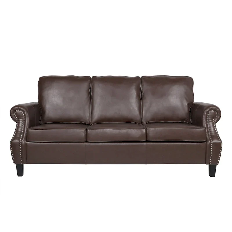 80 Modern Faux Leather 3-Seater Sofa with Birch Legs and Nailheads