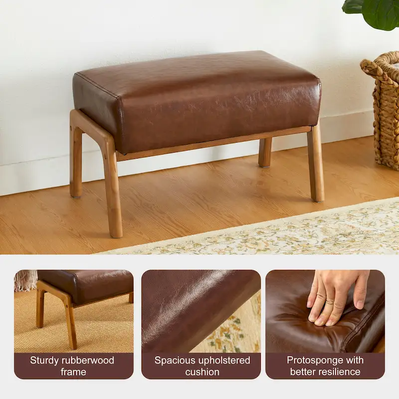 Glitzhome 24.5W Leatherette Accent Stool With Walnut Rubberwood Legs